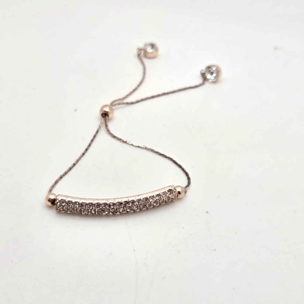 Rose Gold Plated Bar Plaque Bolo Bracelet Crystal Accents